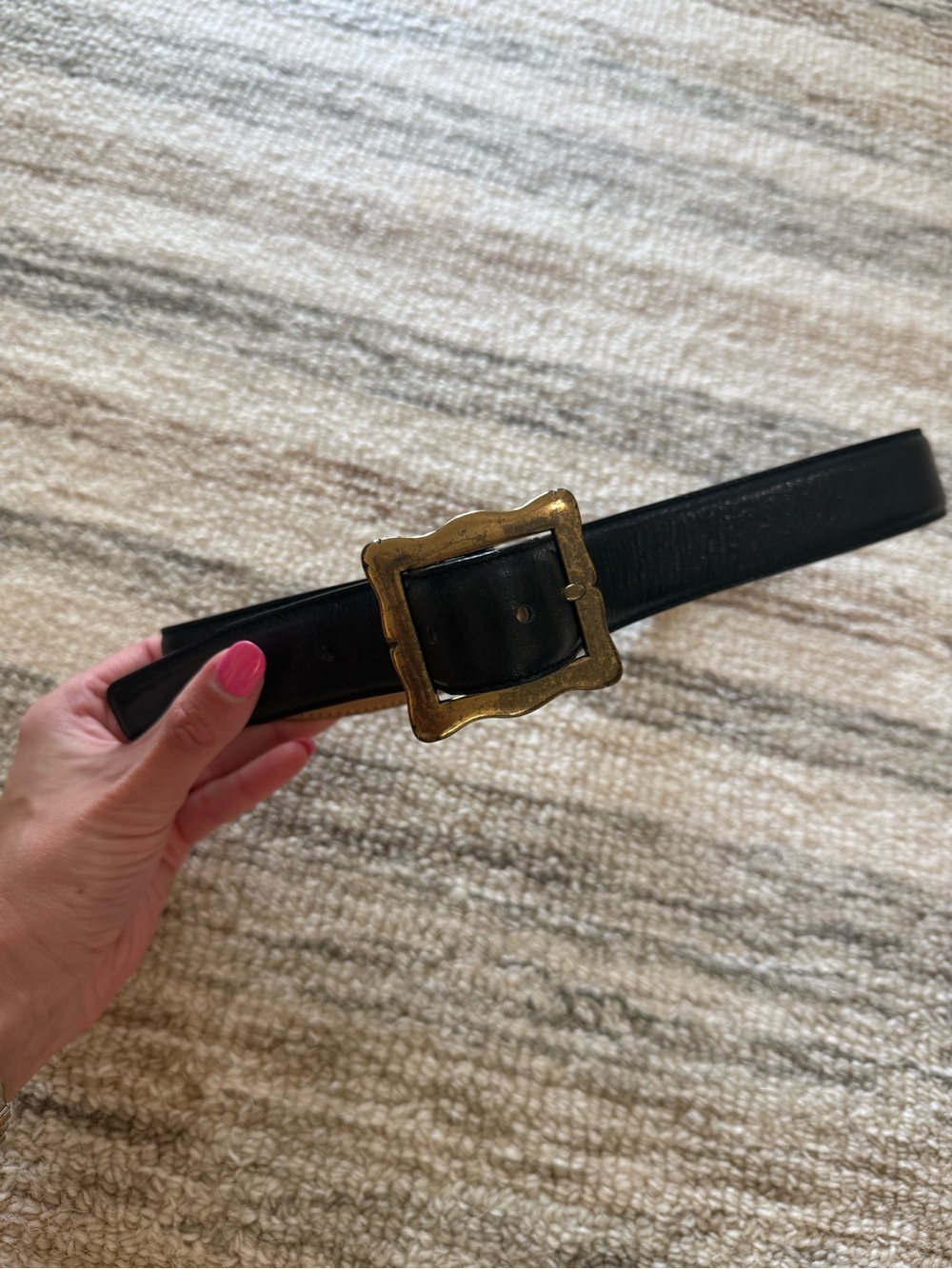 Talbots Black Genuine Leather Belt with Gold Square Buckle